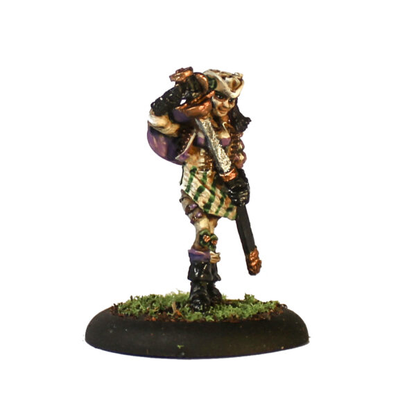 Cacciatore 6 by Oakbound Stuido. A lead pewter miniature of a female with her hair down, wearing a hat, boots and sheathing her sword, a great miniature for your tabletop and RPGs. 