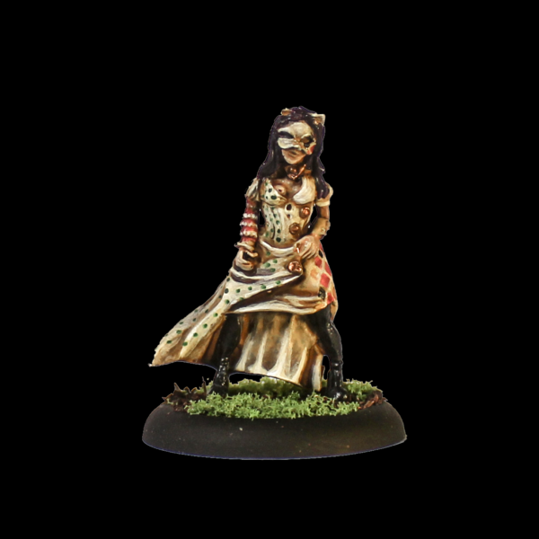 Cacciatore 1 by Oakbound Stuido. A lead pewter miniature of a female with her hair down, wearing a mask and cat ears along with a long dress and boots for your tabletop and RPGs. 