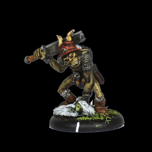 Stallu Redcap number 3 by Oakbound Studio. A multi part lead pewter miniature of a redcap warrior holding a large sword behind his head