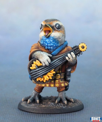 30167 Nightingale Bard from the Reaper bones USA legends range. A wonderful nightingale bird bard holding am instrument decorated with floral design wearing clothes and having its mouth open as if singing making a great NPC for your tabletop games and more. 