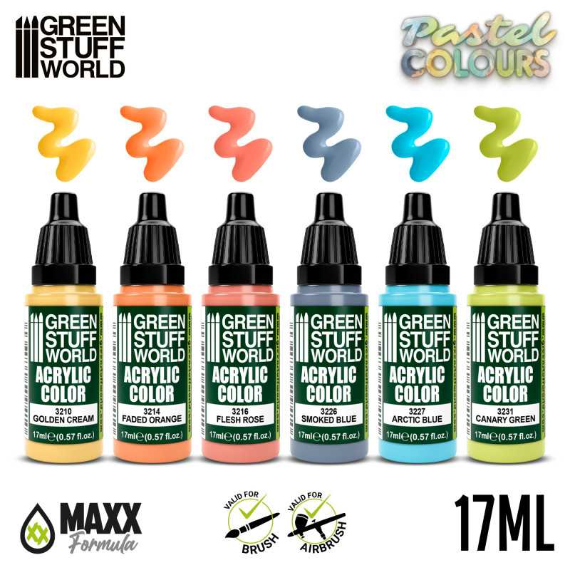 Pastel Colours Paint Set by Green Stuff World. A set of 6 acrylic paints with an opaque and smooth matt finish to help you achieve the pastel look you desire for your miniatures. Made using the new Green Stuff World Maxx Formula 