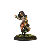 Guillare by Oakbound Stuido. A lead pewter miniature of a female with her hair down, wearing a long coat and pointing the way for your tabletop and RPGs. 