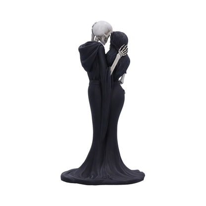 Eternal Embrace figurine by Nemesis Now - Two skeletons holding each other, the male wearing a long cape and the female in a black dress with her hand on the others head