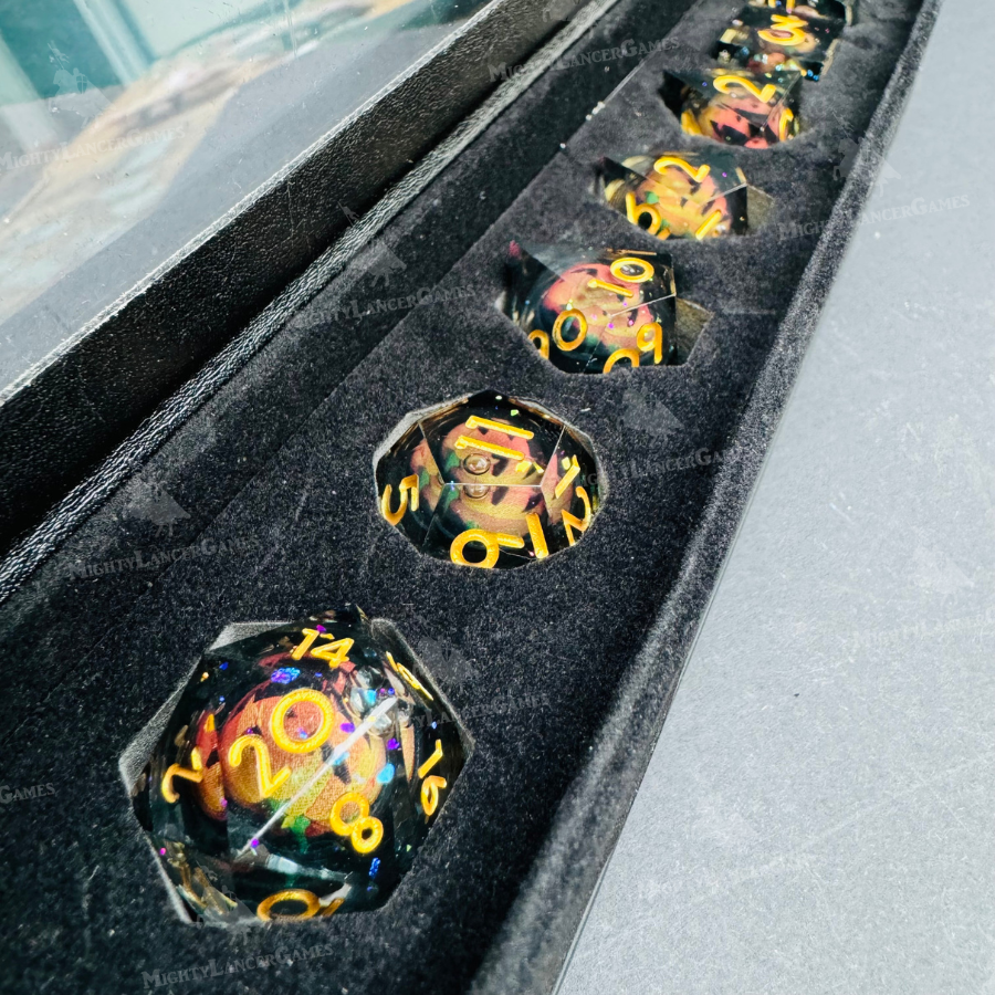 Pumpkin Liquid Core Dice in Case With Gold Numbers