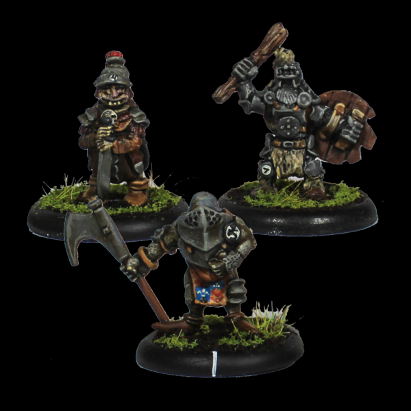 Bogle Warriors set number 1 by Oakbound Studio. A set of three multi part lead pewter miniatures of goblin warriors wearing  armour and carrying various weapons