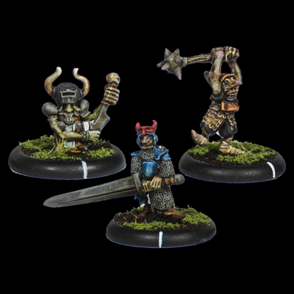 Bogle Warriors set number 3 by Oakbound Studio. A set of three multi part lead pewter miniatures of goblin warriors wearing  armour, carrying various weapons (including one with a giant sword) and being full of character