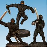 Ninja by Crooked Dice. A set of three metal figures representing weapon carrying assassins in various poses making a great edition to your RPGs and tabletop gaming needs.