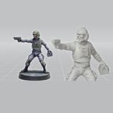 Galactic Marine Pilot by Crooked Dice a white metal miniature for your tabletop games representing a sci fi style solider holding a gun forward