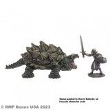 07107 Giant Snapping Turtle sculpted by Jason Wiebe from the Reaper Miniatures Bones USA Dungeon Dwellers range. A great monster for your gaming table representing a turtle with an open mouth.   Shown painted by Darryl Roberds next to Garrick The Bold (known as Sir Forscale) to give an idea of scale. 