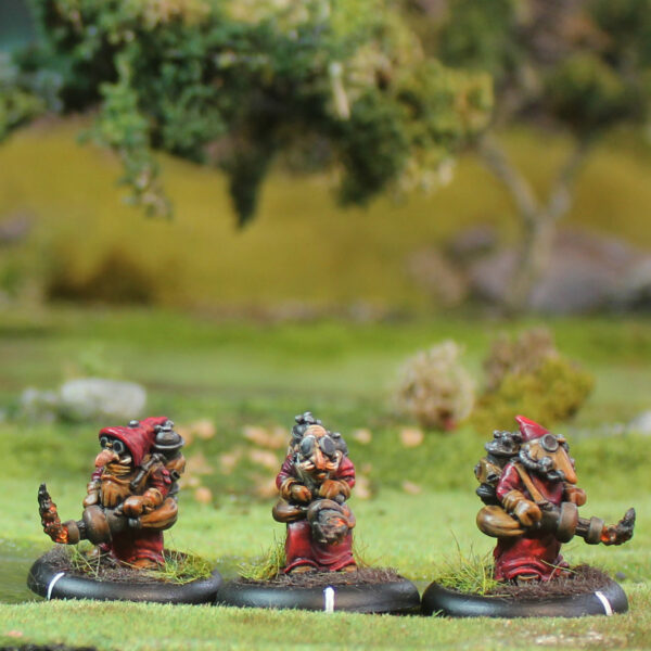 Gnome Guilds by Oakbound Studio. A set of ten lead pewter miniatures full of character, some carrying musical instruments and others with flame throwers