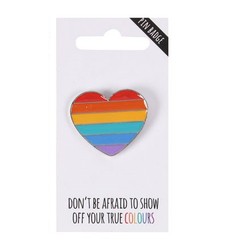 Don't Be Afraid To Show Off Your True Colours Heart pin badge. A large rainbow heart to brighten up your bag, hat, clothing and more or a as a special gift for a friend. Wear it with pride.  