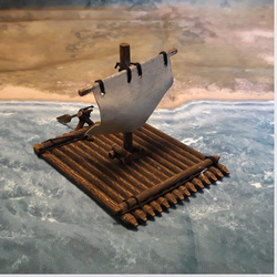 A wooden raft from Iron Gate Scenery sculpted in 28mm scale consisting of one raft base, mast, sail and rudder printed in PLA and provided unpainted for your tabletop games and hobby needs.&nbsp;