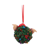 Back view - Gremlins Gizmo in Wreath  Hanging Ornament. Gizmos head, ears and hands wearing a christmas hat poking through the middle of a green christmas wreath - Nemesis Now ornament 