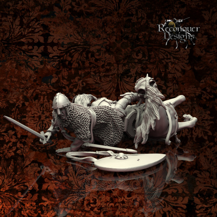 Knight Casualty by Iron Gate Scenery.&nbsp; A 28mm scale printed resin miniature consisting of one knight casualty, one horse casualty and one shield representing a fallen knight crawling away from his injured horse clutching his sword making a great and characterful edition to&nbsp;your wargames, tabletop games, RPGs and more