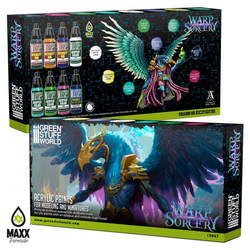 Warp Sorcery Paint Set by Green Stuff World. A set of 8 acrylic paints with an opaque and smooth matt finish to help you achieve a mystical look for your miniatures as this box set includes intensity inks and effect paint. Made using the new Green Stuff World Maxx Formula