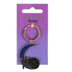 Mystic Mog sleeping cat in crescent moon keyring, a black cat curled up alseep with gold moon and stars detail, sat in a purple crescent moon with gold keyring for you to add this lovely alloy keyring to your bag or keys. A great gift for a mystical friend or for yourself.