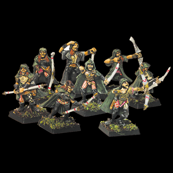 Way Walker Warban by Oakbound Studio. A set of eight lead pewter miniatures representing fae rangers with cloaks and bows