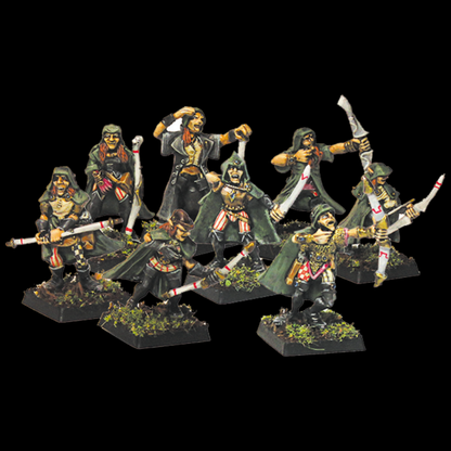 Way Walker Warban by Oakbound Studio. A set of eight lead pewter miniatures representing fae rangers with cloaks and bows