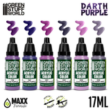 Darth Purple Paint Set by Green Stuff World. A set of 6 acrylic paints with an opaque and smooth matt finish to help you achieve a purple palette for your miniatures. Made using the new Green Stuff World Maxx Formula 