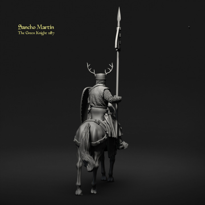 Sancho Martin, The Green Knight by Iron Gate Scenery.&nbsp; A 28mm scale printed resin miniature consisting of one knight, one horse a lance and shield for your table top gaming and RPG needs