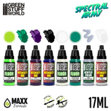 Spectral Army Paint Set by Green Stuff World. A set of 8 acrylic paints with an opaque and smooth matt finish great for your undead army. Made using the new Green Stuff World Maxx Formula and are provided in dropper bottles for easier flow control. 