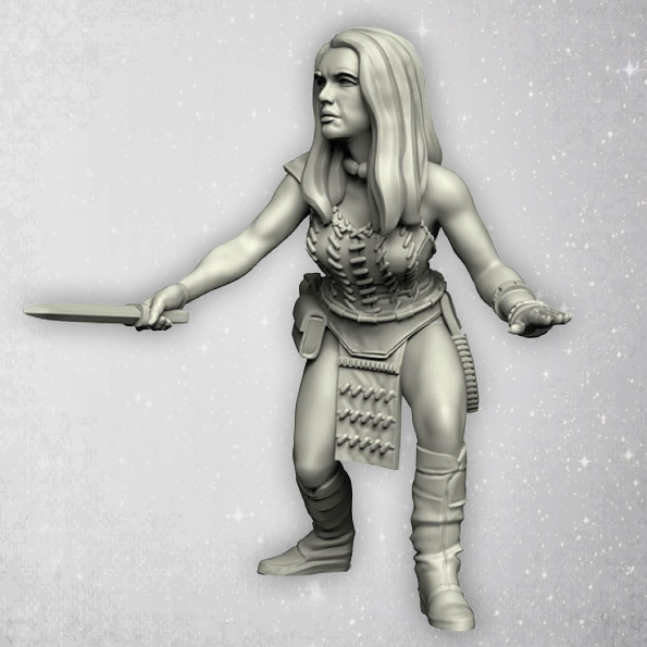 Savage Companion by Crooked Dice.&nbsp; A metal figure female holding a knife out in front of her and wearing knee high boots for your tabletop gaming needs.&nbsp;