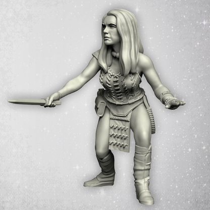 Savage Companion by Crooked Dice.&nbsp; A metal figure female holding a knife out in front of her and wearing knee high boots for your tabletop gaming needs.&nbsp;