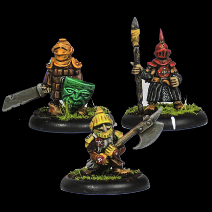 Bogle Warriors set number 2 by Oakbound Studio. A set of three multi part lead pewter miniatures of goblin warriors wearing  armour, carrying various weapons and being full of character