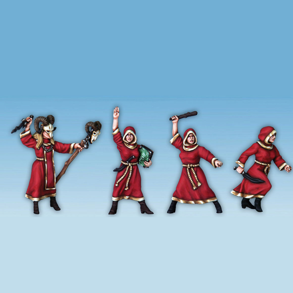 Female Cultists by Crooked Dice.&nbsp; A set of four metal figures representing female members of a cult with one wearing a rams skull, one holding a book, one with a knife and another with a club for your RPGs, dioramas and tabletop gaming needs.