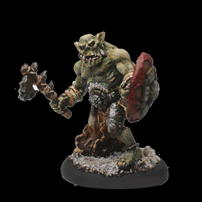Stallu Redcap number 2 by Oakbound Studio. A multi part lead pewter miniature of a redcap warrior holding a shield and an axe