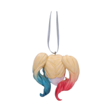 Harley Quinn Hanging Ornament from Nemesis Now. Harley Quinns face with classic blonde hair with red and blue bottom dip 