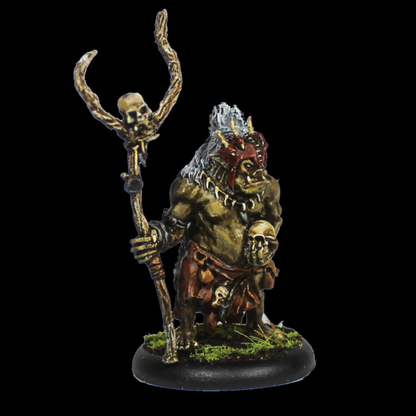 Stallu Noaidi by Oakbound Studio. A multi part lead pewter miniature of a warrior shaman holding a skull in one hand and a staff in the other