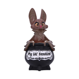 My Lil Familiar Vesper bat figurine.  An adorable ornament of a smiling bat appearing from a black cauldron with the phrase My Lil' Familiar to symbolise you conjuring this cutie from the cauldron to be your familiar pet