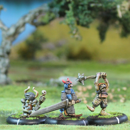 Goblin War Party by Oakbound Studio. A pack of eleven lead pewter miniatures of a joyful bunch of Goblins who are off to war, full of character and holding various weapons