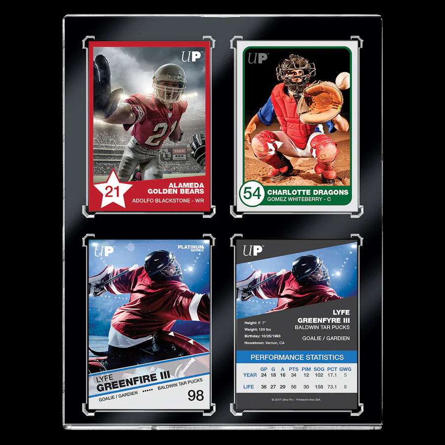 35PT 4-Card Black Border UV ONE-TOUCH Magnetic Holder. Features a sleek black border, magnetic closure, and UV protection for displaying four collectible cards.
