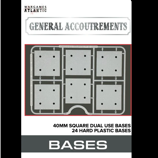 Product packaging for 'General Accoutrements' bases with a grid of square bases on a white background.