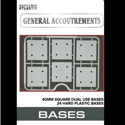 Product packaging for 'General Accoutrements' bases with a grid of square bases on a white background.