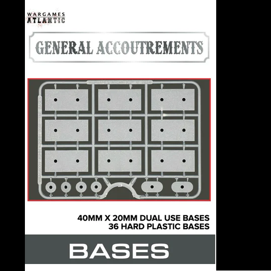 Packaging for Wargames Atlantic General Accoutrements bases with a grid of hard plastic bases.