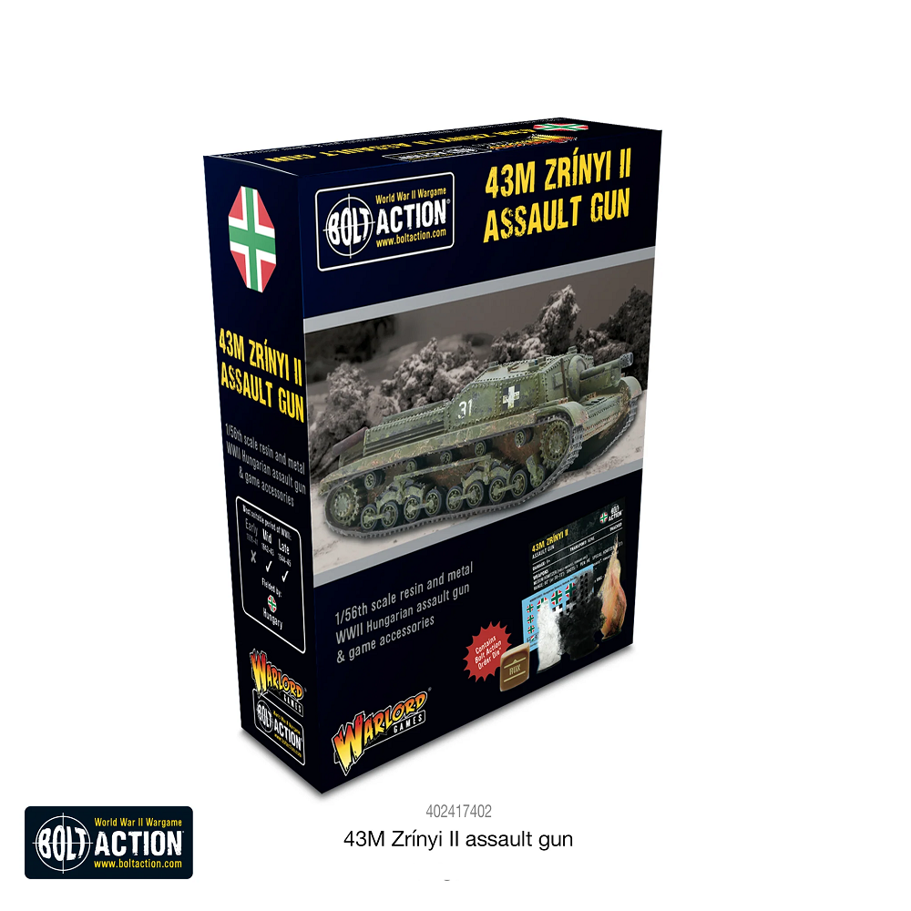 43M Zrínyi II Assault Gun for Bolt Action tabletop gaming. The Zrínyi was designed to replicate the prowess of the legendary German StuG. Armed with a powerful 105mm howitzer, the Zrínyi II provided direct fire support to Hungarian infantry, blasting aside enemy strongpoints and troops