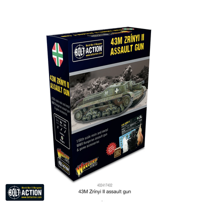 43M Zrínyi II Assault Gun for Bolt Action tabletop gaming. The Zrínyi was designed to replicate the prowess of the legendary German StuG. Armed with a powerful 105mm howitzer, the Zrínyi II provided direct fire support to Hungarian infantry, blasting aside enemy strongpoints and troops