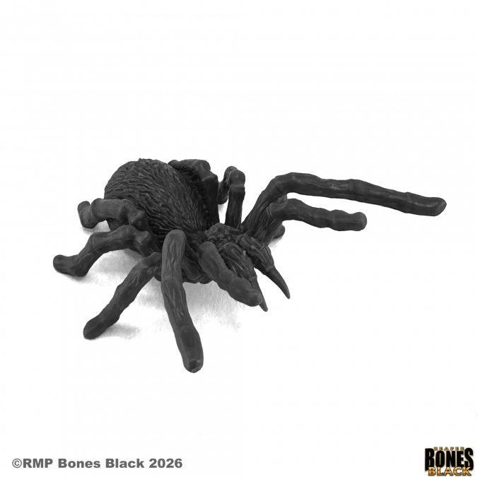 Black spider toy on a white background with 'RMP Bones Black' branding. 44304 Monstrous Spider (Large) - Reaper Bones Black