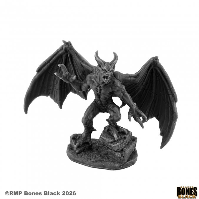 Dark fantasy figurine with wings on a white background, featuring 'Rampart Games' branding. 44305 Gargoyle - Reaper Bones Black