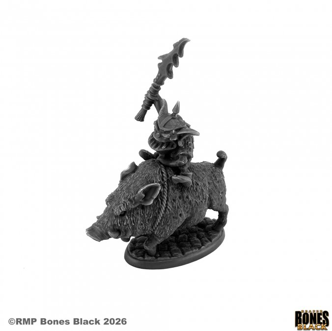 Dark grey figurine of a warrior on a boar with a spear, on a white background. 44307 Norker Champion on War Pig - Reaper Bones Black