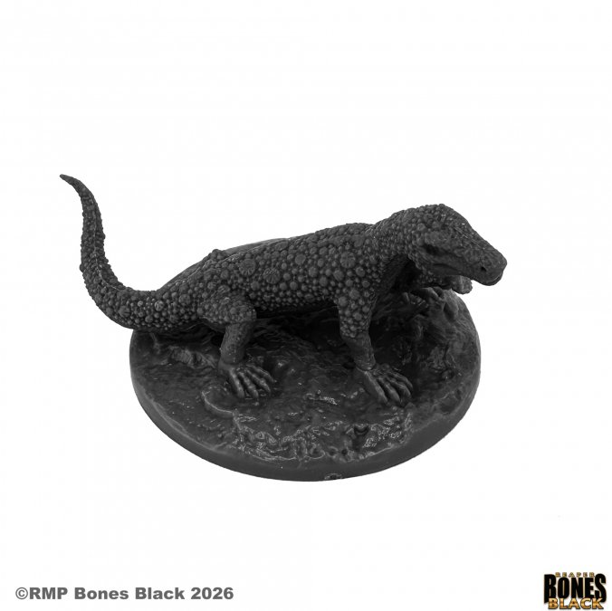 A black painted miniature model of a prehistoric reptile or theropod standing on a textured circular base, photographed against a plain white background. 44313 Giant Lizard (Large) - Reaper Bones Black