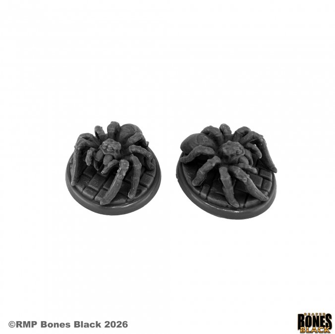 Two black spider-like game pieces on a white background with 'Rampart Games' branding. 44323 Monstrous Spiders (Medium) - Reaper Bones Black
