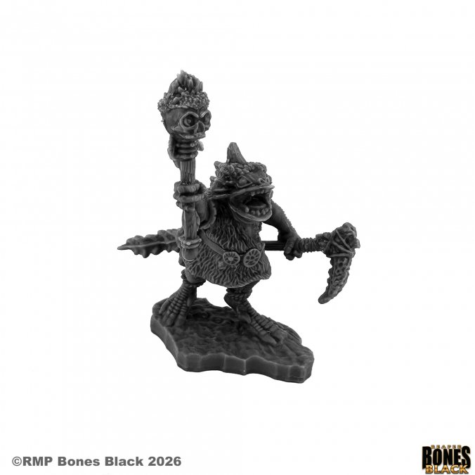 A dark grey unpainted tabletop gaming miniature of a skeletal bird creature holding a mace and scythe, shown on a plain white background with RMP and Bones Black branding. 44324 K'Merklak, Troglodyte Chief  Reaper Bones Black