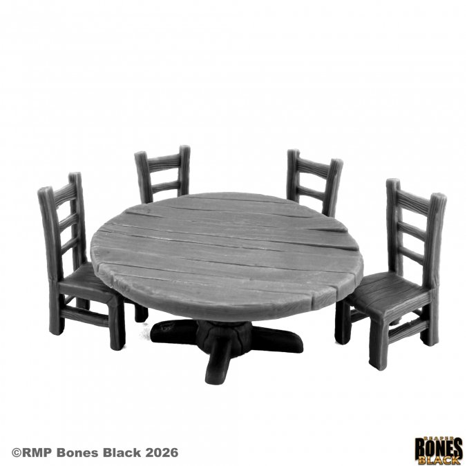 Model of a round table with four chairs on a white background, featuring 'RMP Bones Black' branding. 44330 Round Table and Chairs Reaper Bones Black