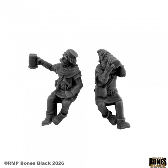 Two grey miniature figures on a white background with 'RMP Bones Black' branding. 44331 Seated Patrons - Reaper Bones Black