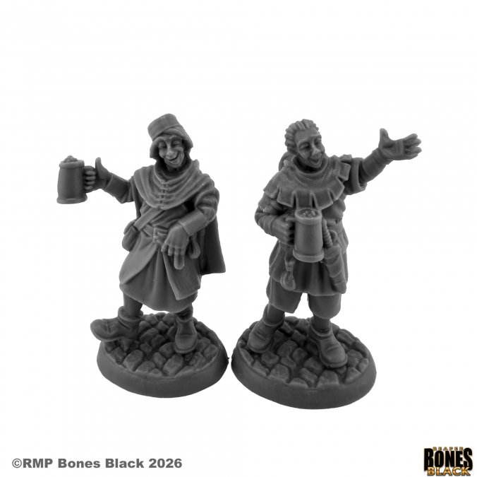 Two unpainted grey tabletop gaming miniature figures of medieval drinkers on round bases, shown against a white background with RPMBones Black branding. 44332 Drunken Patrons - Reaper Bones Black