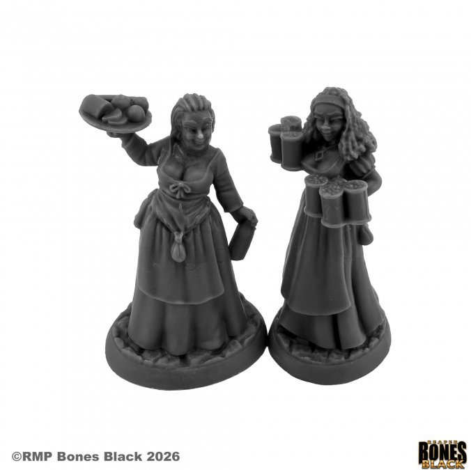 Two grey miniature figures of women in dresses holding items on a white background. 44333 Violet and Holly, Barmaids Reaper Bones Black
